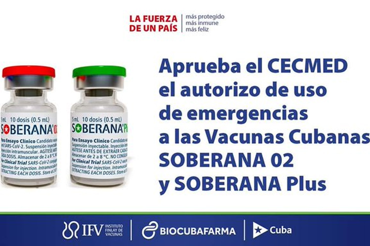 Aprueba el Cecmed el autorizo de uso de emergencias a las vacunas cubanas Soberana 02 y Soberana Plus