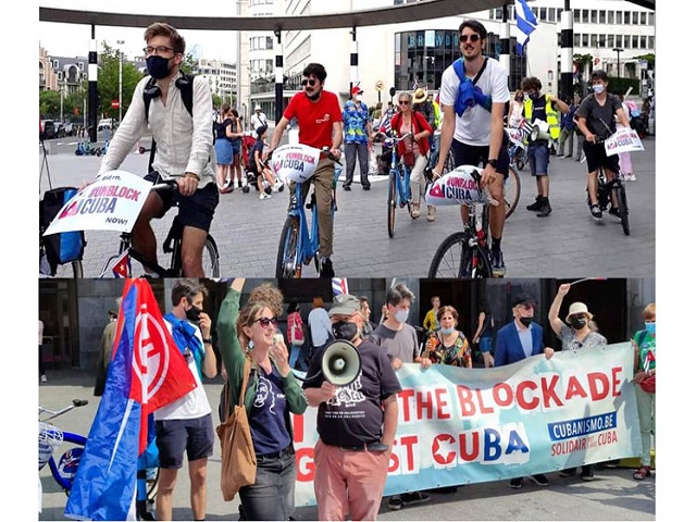 Apoyo a Cuba contra bloqueo económico en calles de Bruselas.