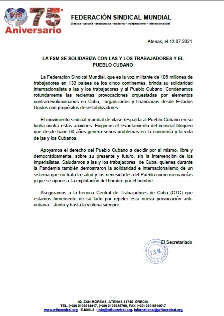 Federación Sindical Mundial condena provocaciones orquestadas por elementos contrarrevolucionarios en Cuba. Foto: Archivo