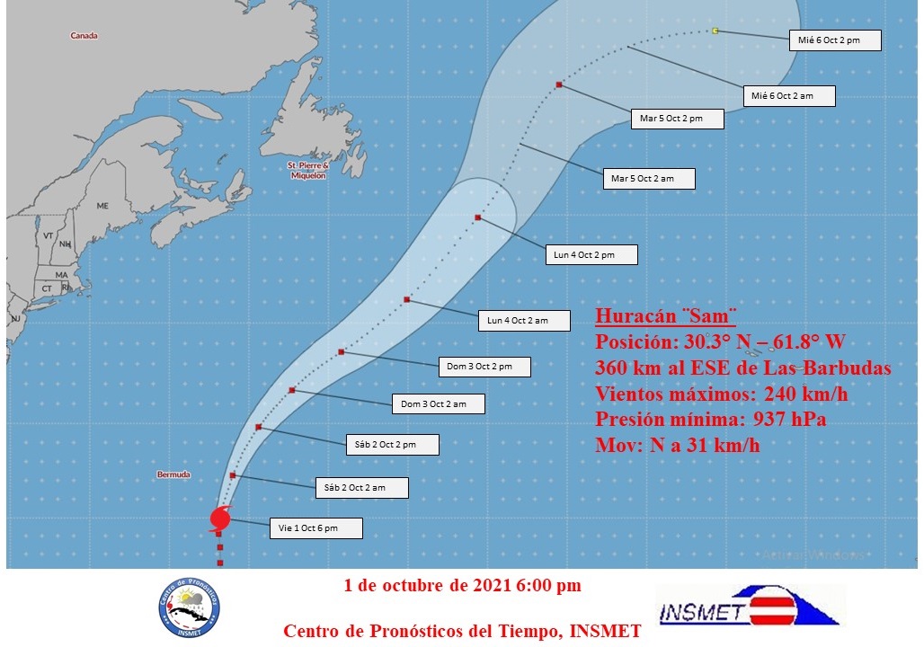 Cono dee trayectoria del Huracán Sam