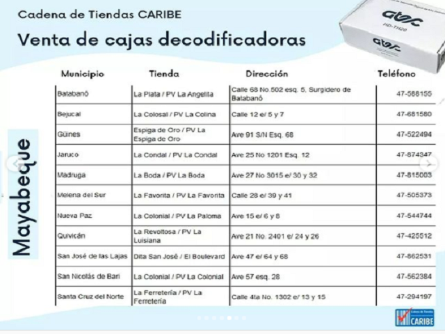 Decoder boxes will be sold in Caribe store chain in Mayabeque stores.