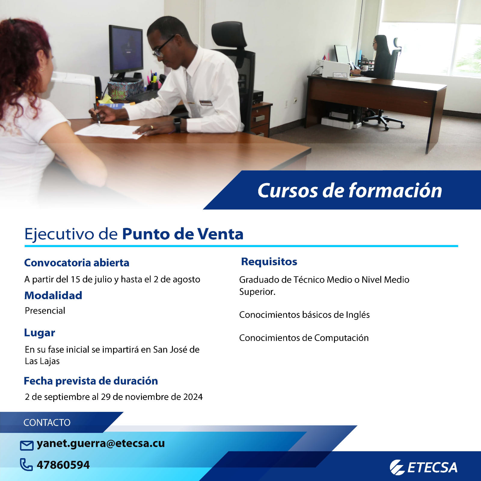 Abierta convocatoria en Mayabeque para Curso de Formación de Ejecutivo de Punto de Venta de ETECSA.