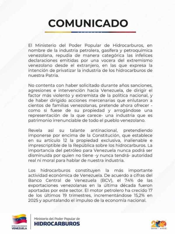Venezuela: Ministerio de Hidrocarburos repudia llamado a privatizar
